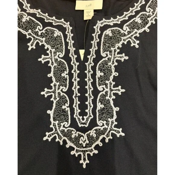 J Jill Women's Shirt SP Small Petite Long Sleeve Navy Blue Tunic Embroidered NWT - Picture 5 of 11